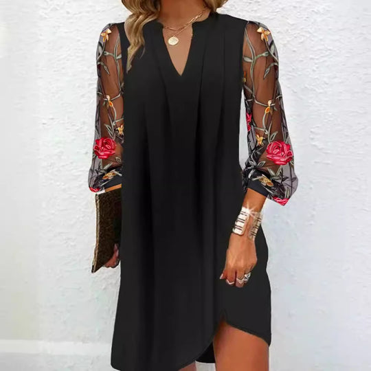 Damen nan elegantes A-Linienkleid mit bestickten transparenten Ärmeln und V-Ausschnitt R&B
