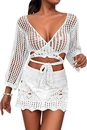 Damen gehäkeltes Crop-Top und Minirock-Set mit eleganten Binde-Details R&B