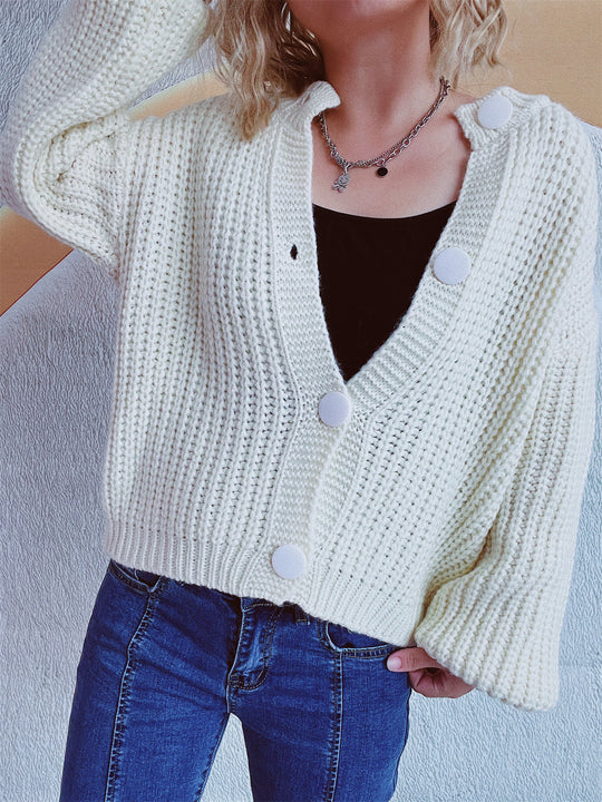 Damen Grobstrickjacke mit ballonförmigen Ärmeln und dekorativen Knöpfen R&B