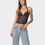 Damen luftiges Polka-Dots Oberteil mit tiefem V-Ausschnitt und Trägern R&B