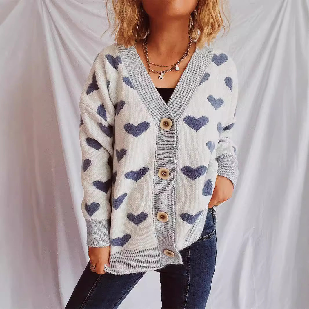 Damen Strickjacke mit herzförmigem Muster und knöpfbarem Design R&B