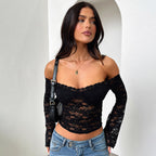 Damen Spitzentop mit Schulterfreiem Design und Volantärmeln R&B