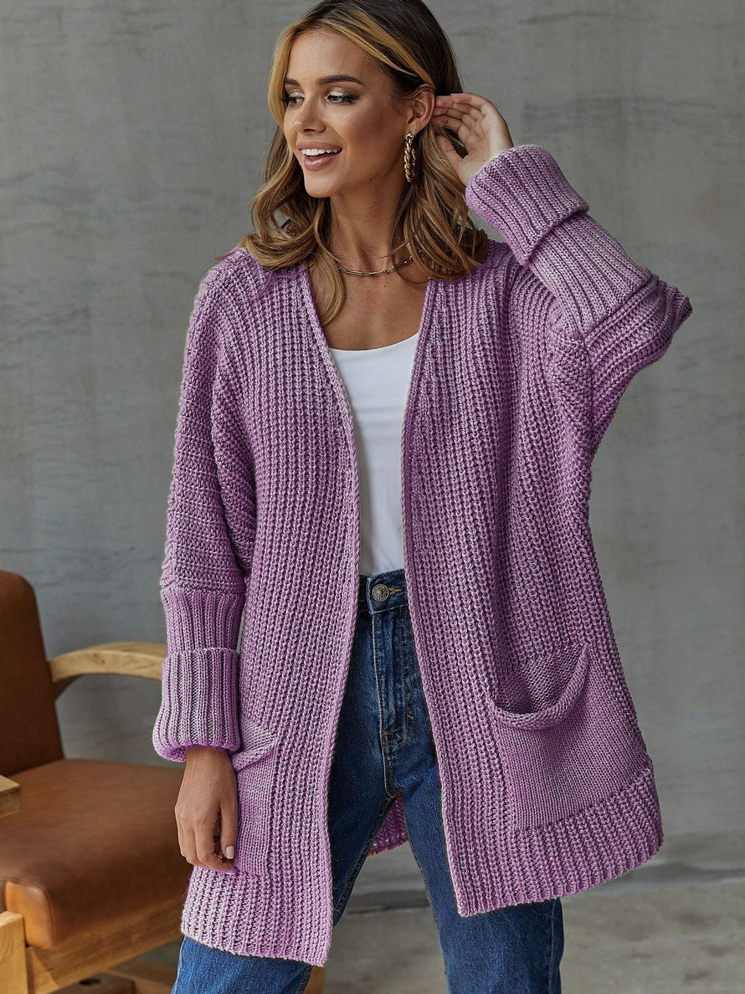 R&B | Strickjacke Gestrickt Übergröße Passform Rippstrick V-Ausschnitt Taschen