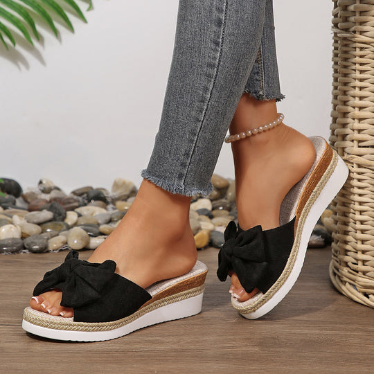 Damen Komfortable Wedge-Pantoletten mit modernen Schleifen und Jute-Detail R&B