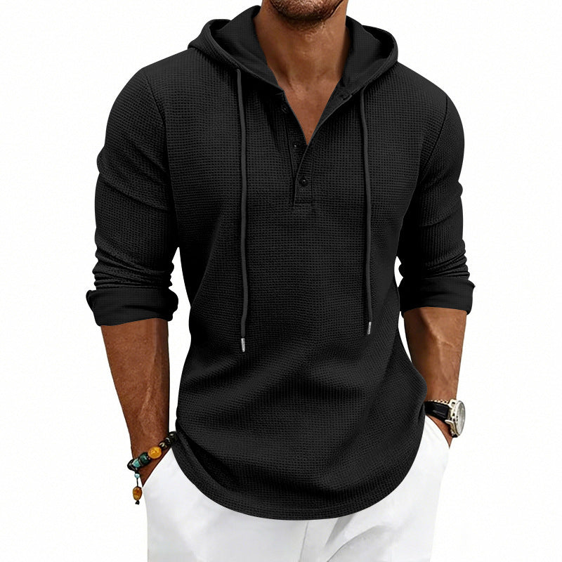 Herren nan lässiges Waffelstrick-Henley Kapuzenpullover mit Knopfleiste R&B