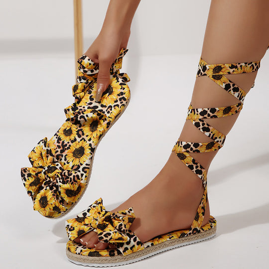 Damen Gladiator-Sandalen mit Blumendruck und Schleifenakzent R&B
