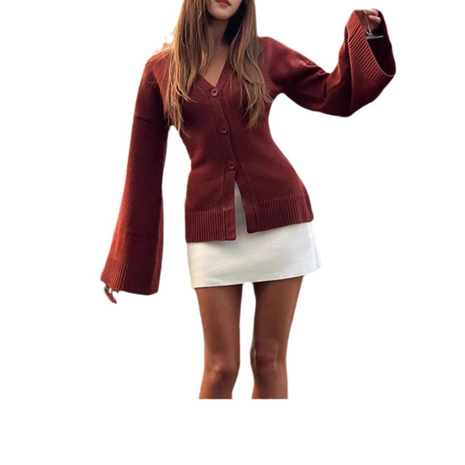 Damen Modischer Strickcardigan mit weitem Ärmel und eleganter Knopfleiste R&B
