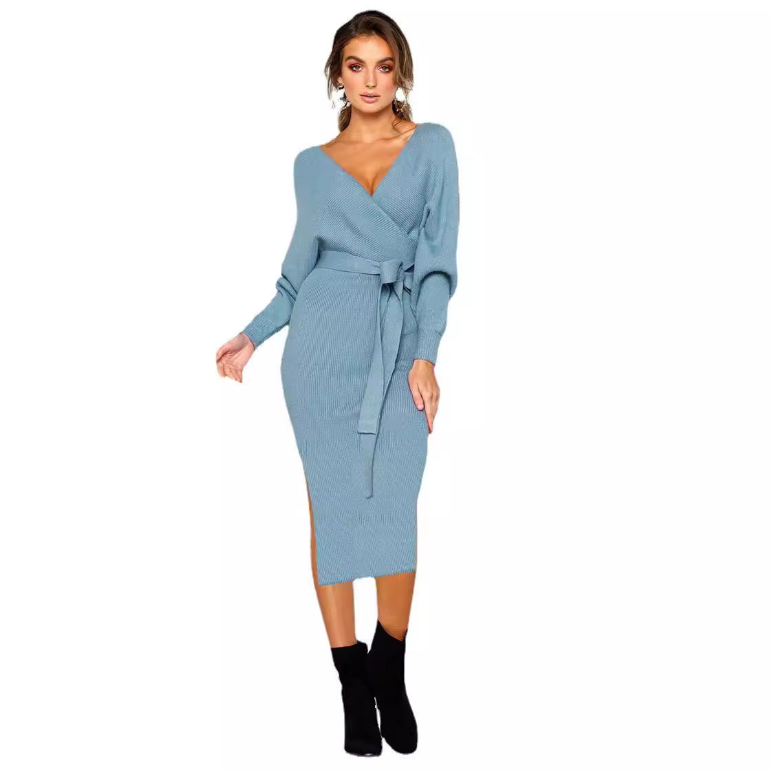 Damen Elegantes Wickelkleid mit tiefem V-Ausschnitt und Taillengürtel R&B