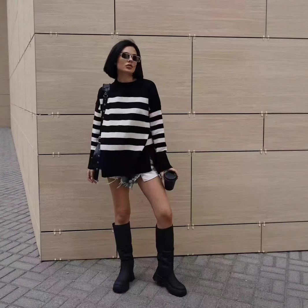 Damen Oversized Strickpullover mit modischem Streifenmuster und detailreicher Rippstruktur R&B