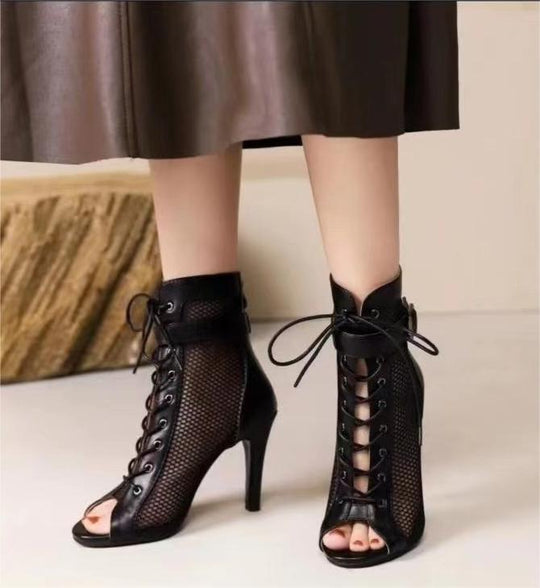 Damen Netz-Stiefeletten mit eleganter Schnürung und hohem Absatz R&B