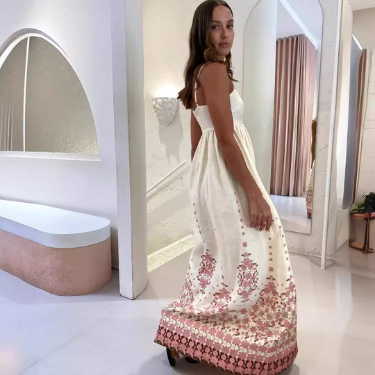 Damen Maxikleid mit exklusivem floralem Stickdesign und zarten Trägern R&B