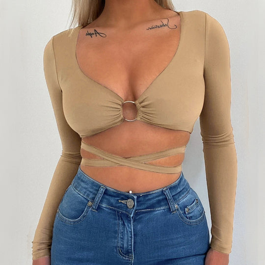 Damen Crop-Top mit verspieltem Ringdetails und langen Ärmeln R&B