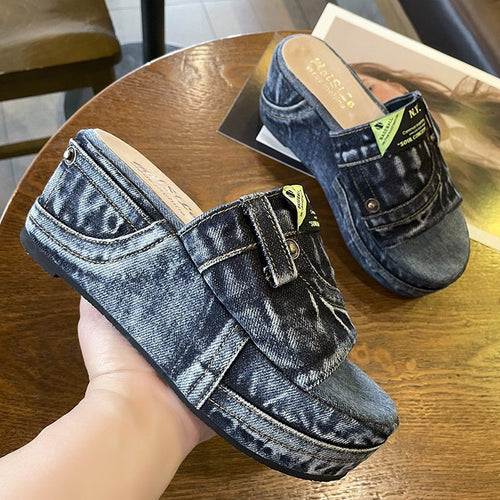 Damen nan Denim-Optik Plateau-Pantolette mit offener Zehenpartie und gepolstertem Fußbett R&B