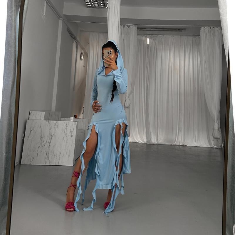 Damen Langarm Maxikleid mit Kapuze und Rüschendetails R&B