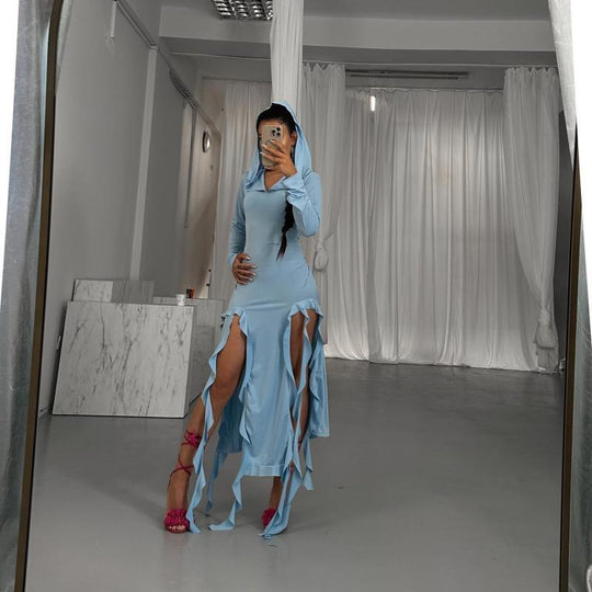 Damen Langarm Maxikleid mit Kapuze und Rüschendetails R&B