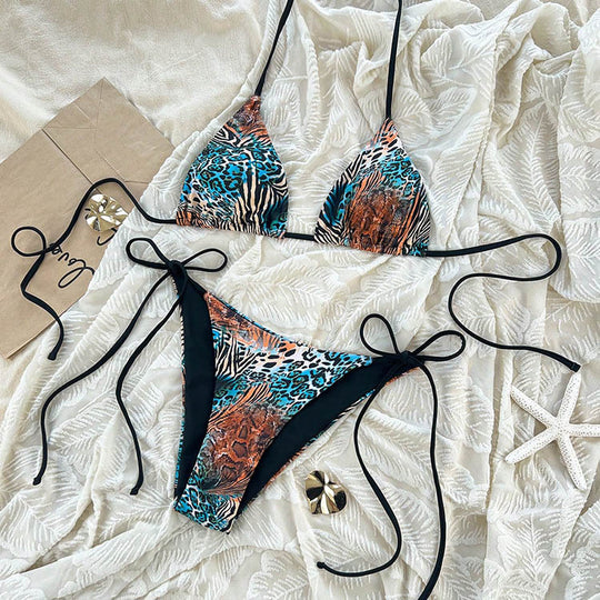 Damen Triangel-Bikini-Set mit verstellbaren Bindebändern und animalischem Design R&B