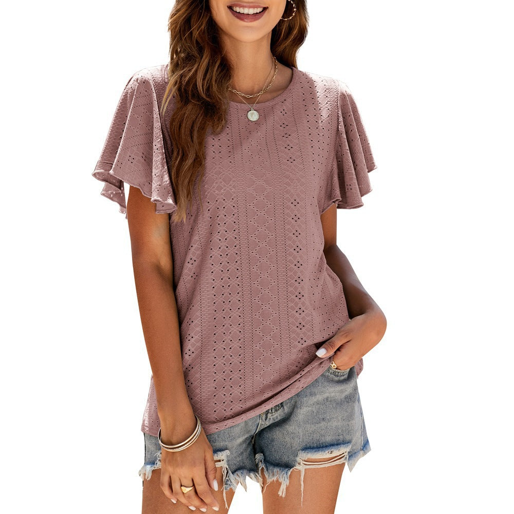 Damen T-Shirt mit eleganten Volantärmeln und durchbrochenem Design R&B