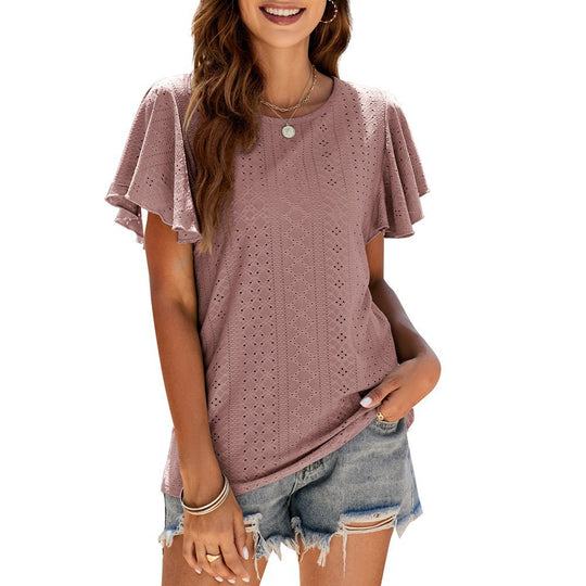 Damen T-Shirt mit eleganten Volantärmeln und durchbrochenem Design R&B