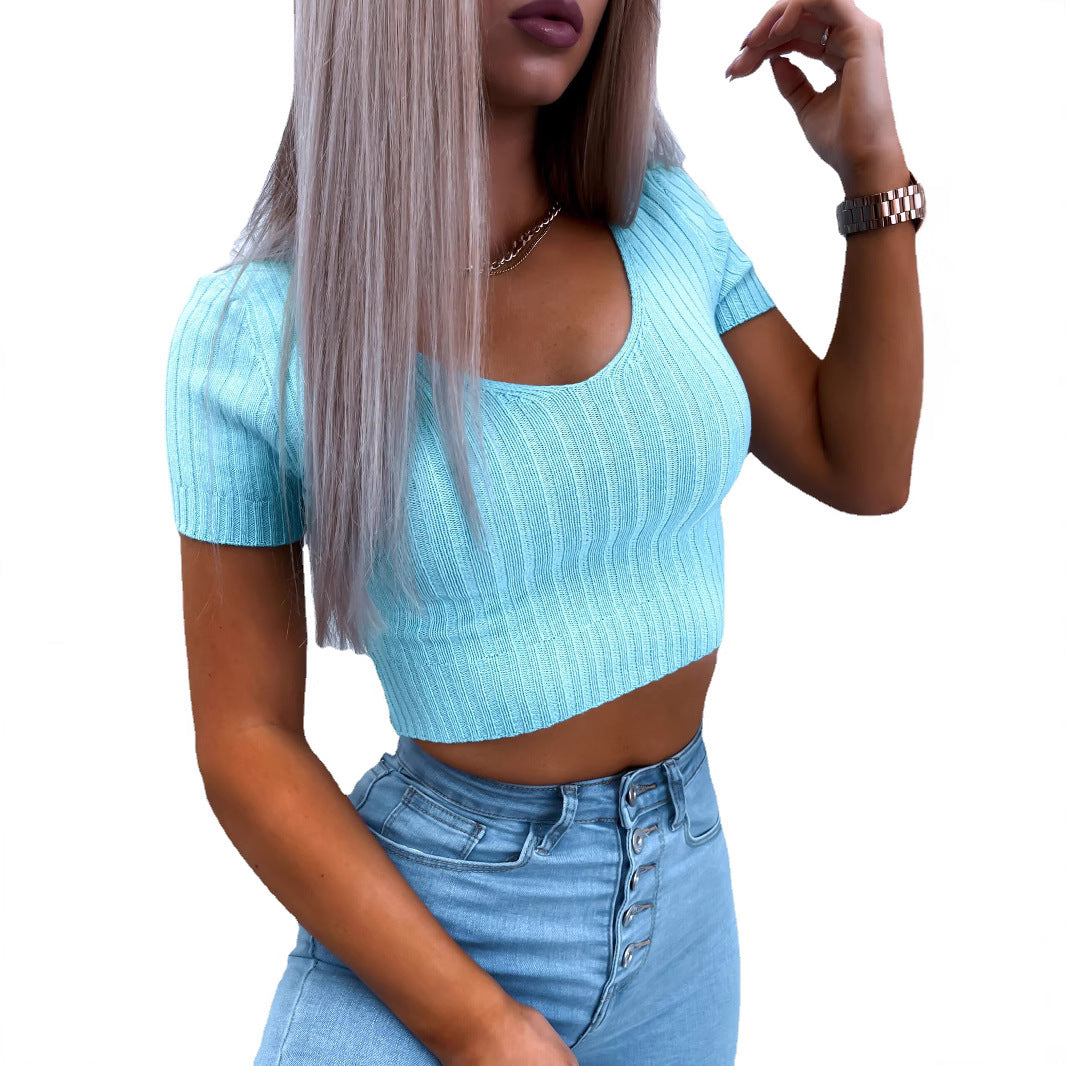 Damen kurzärmliges Crop-Top mit feiner Rippstruktur R&B