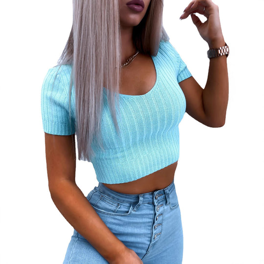 Damen kurzärmliges Crop-Top mit feiner Rippstruktur R&B