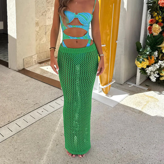 Damen Häkel-Strandrock mit transparentem Netzdesign und hohem elastischen Bund R&B