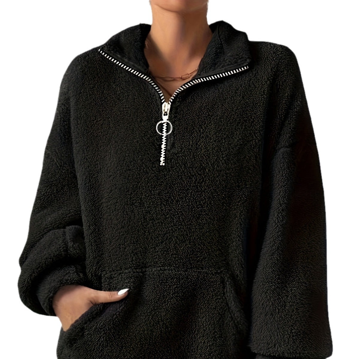 Damen Fleece-Pullover mit hohem Kragen und praktischen Taschen R&B