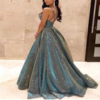 R&B | Damen Spaghettiträger V-Ausschnitt A-Linie Glitzer Maxikleid