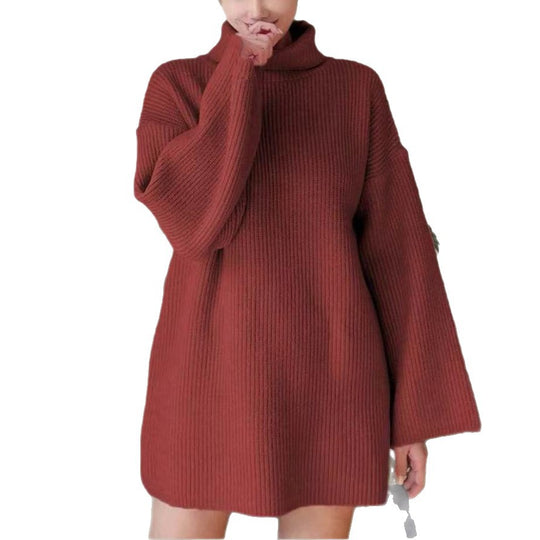 Damen Langer Strickpullover mit hohem Kragen und weit ausgestellten Ärmeln R&B