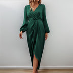 Damen Elegantes Maxikleid mit Tiefem V-Ausschnitt und Ballonärmeln R&B