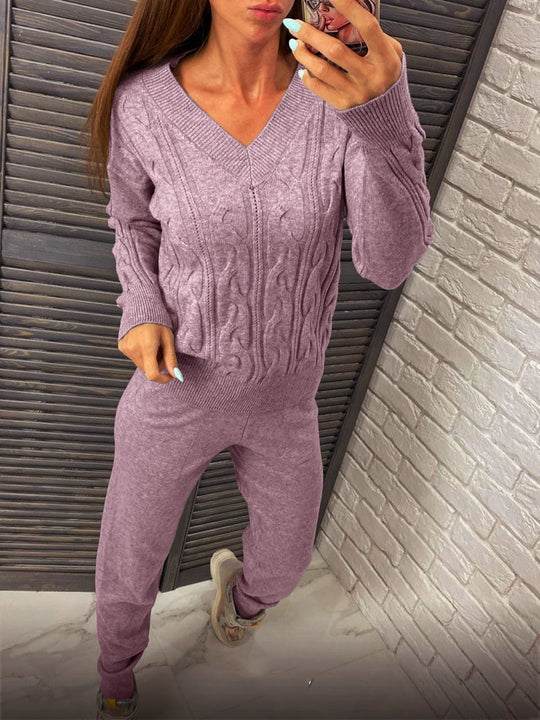 Damen gemütlicher Strickanzug mit V-Ausschnitt und Zopfdesign R&B
