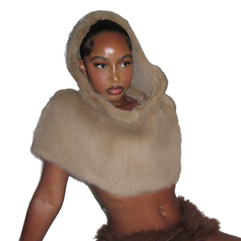 Damen Modischer Kunstpelz-Cape mit Kapuze R&B