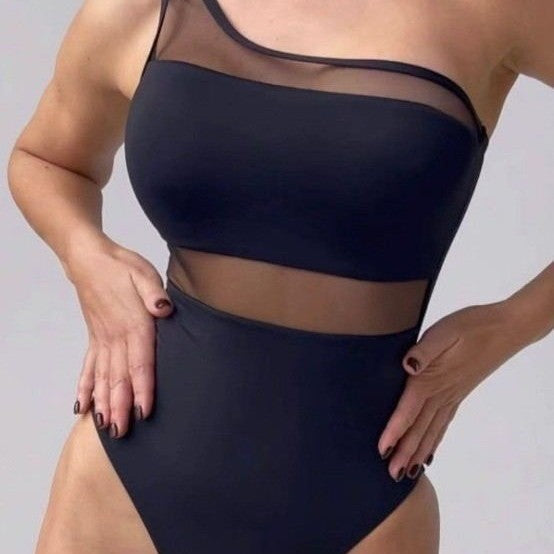 Damen einseitiger Badeanzug mit transparenten Einsätzen R&B