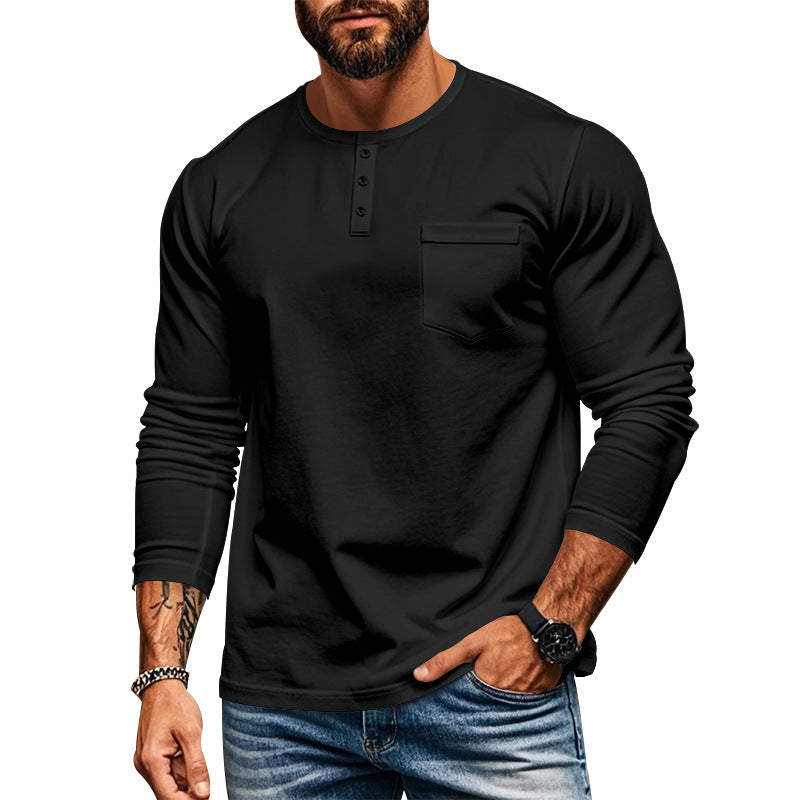 Herren langärmliges Henley-Shirt mit strukturierter Baumwolloberfläche und Brusttasche R&B