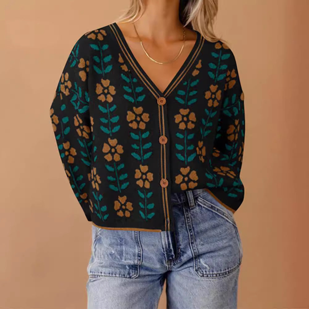 Damen Strickjacke mit floralem Design und Knopfdetails R&B