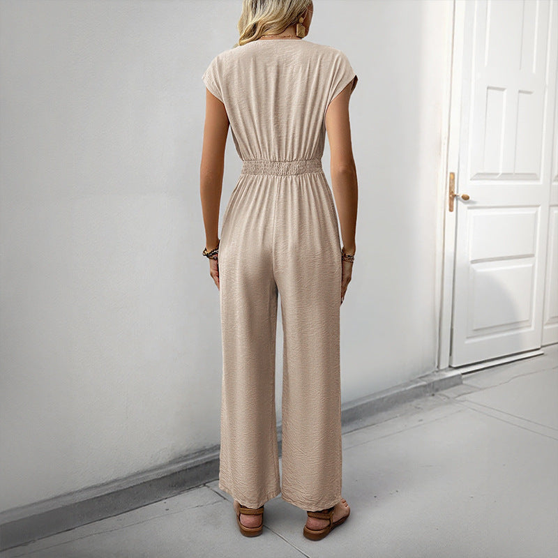Damen eleganter Jumpsuit mit Knopfdesign und weitem Bein R&B