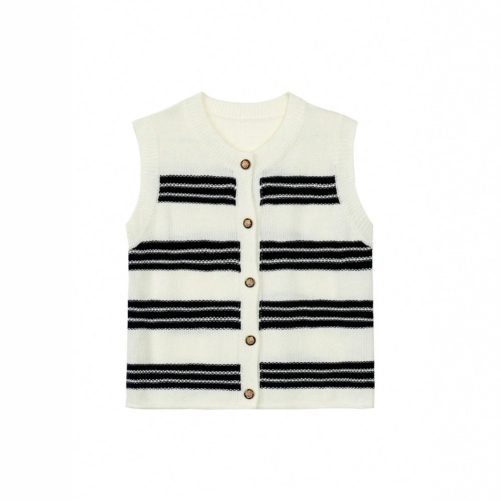 Strickjacke Damen ärmellos mit Knopfleiste und Streifen