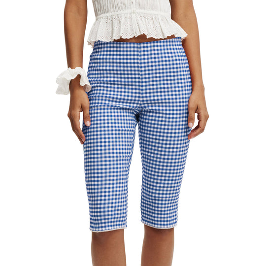 Damen luftiges Rüschentop mit Spitzenakzenten und karierter Hose R&B