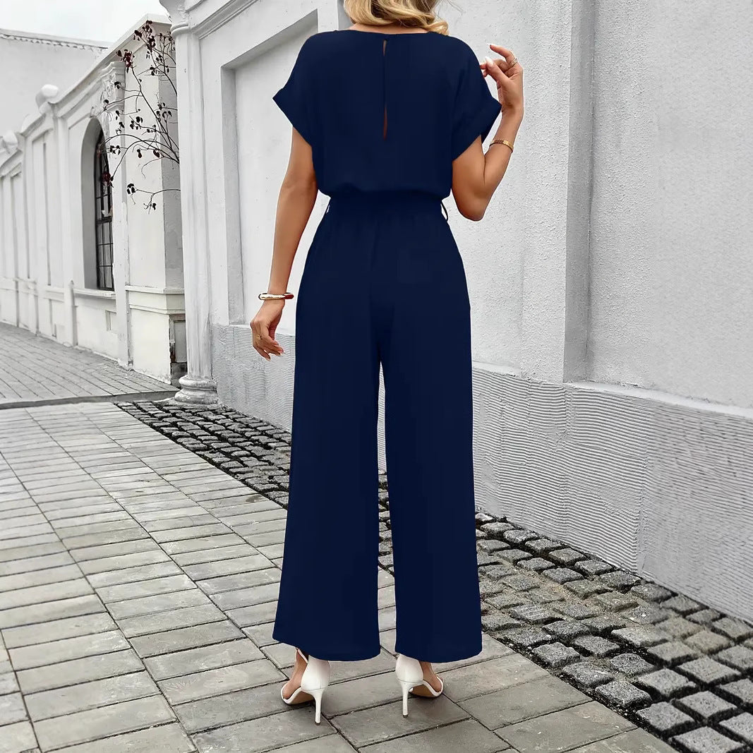 Damen Eleganter Jumpsuit mit weitem Bein und Taillenknoten R&B