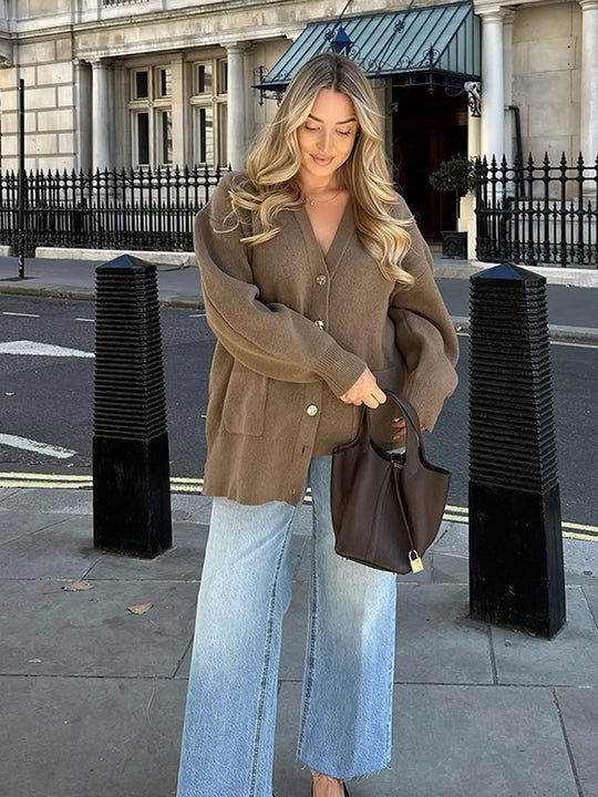 Damen oversized Strickjacke mit Knopfdetails R&B