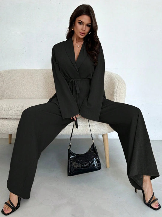 Damen Eleganter Oversized Jumpsuit mit Taillengürtel und breitem Bein R&B
