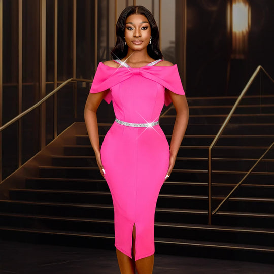 Damen elegantes schulterfreies Midi-Kleid mit funkelndem Taillengürtel R&B