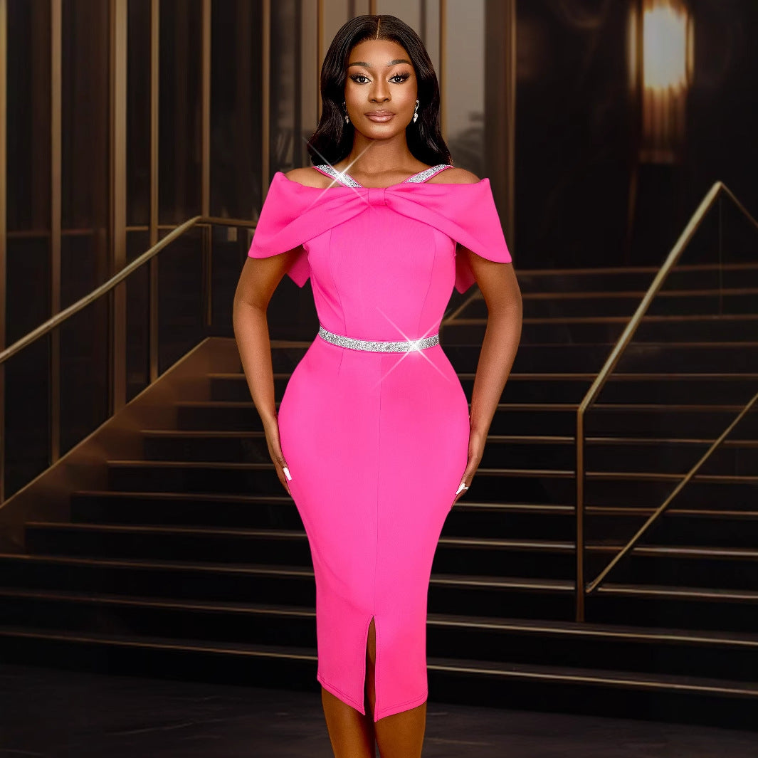 Damen figurbetontes Abendkleid mit schulterfreiem Design und funkelnden Akzenten R&B