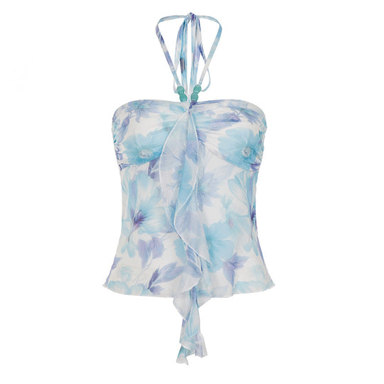 Damen Neckholder-Bluse mit floralem Design und raffiniertem Lockenabschluss R&B