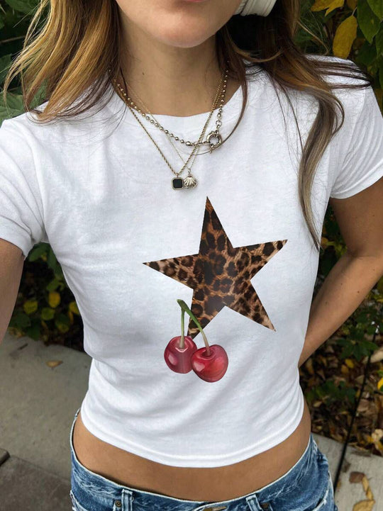 Damen Crop-T-Shirt mit kreativem Augenmotiv und Tourdruck R&B
