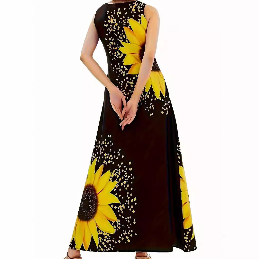 Damen Maxikleid mit buntem Sonnenblumenmotiv und praktischen Taschen R&B