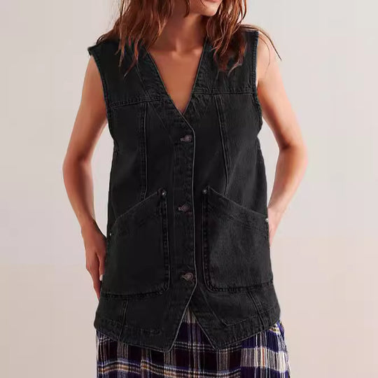 Damen Denim-Latzjacke mit praktischen Taschen und modischem V-Ausschnitt R&B
