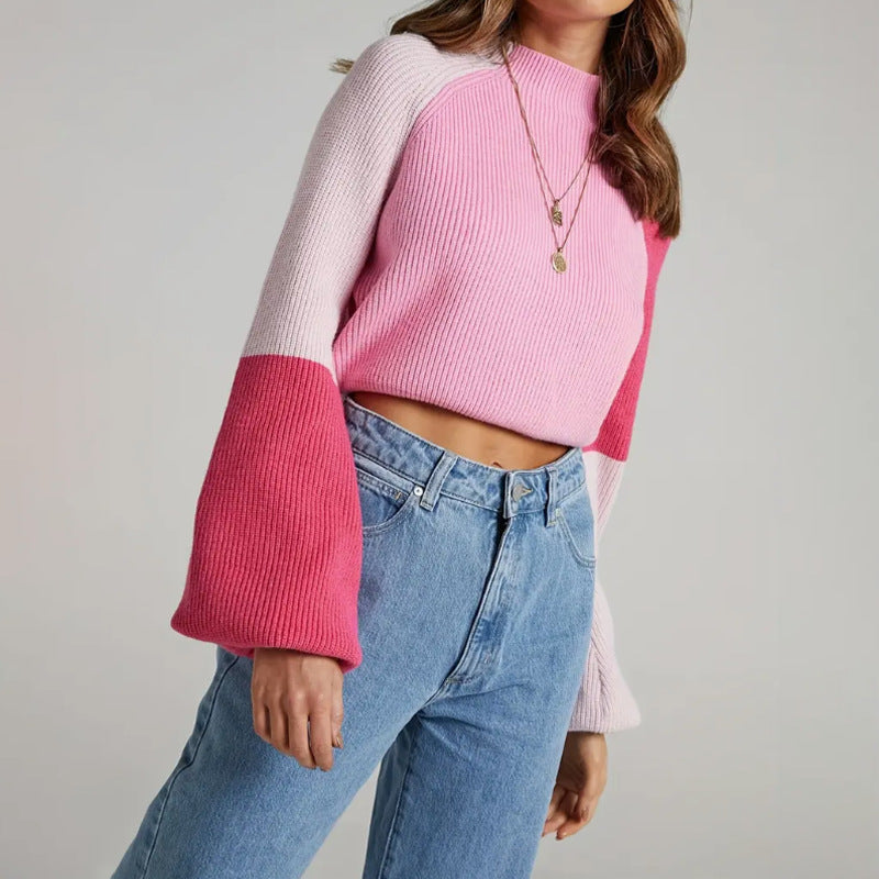 Damen Strickpullover mit weitem Arm und innovativem Farbblockdesign R&B