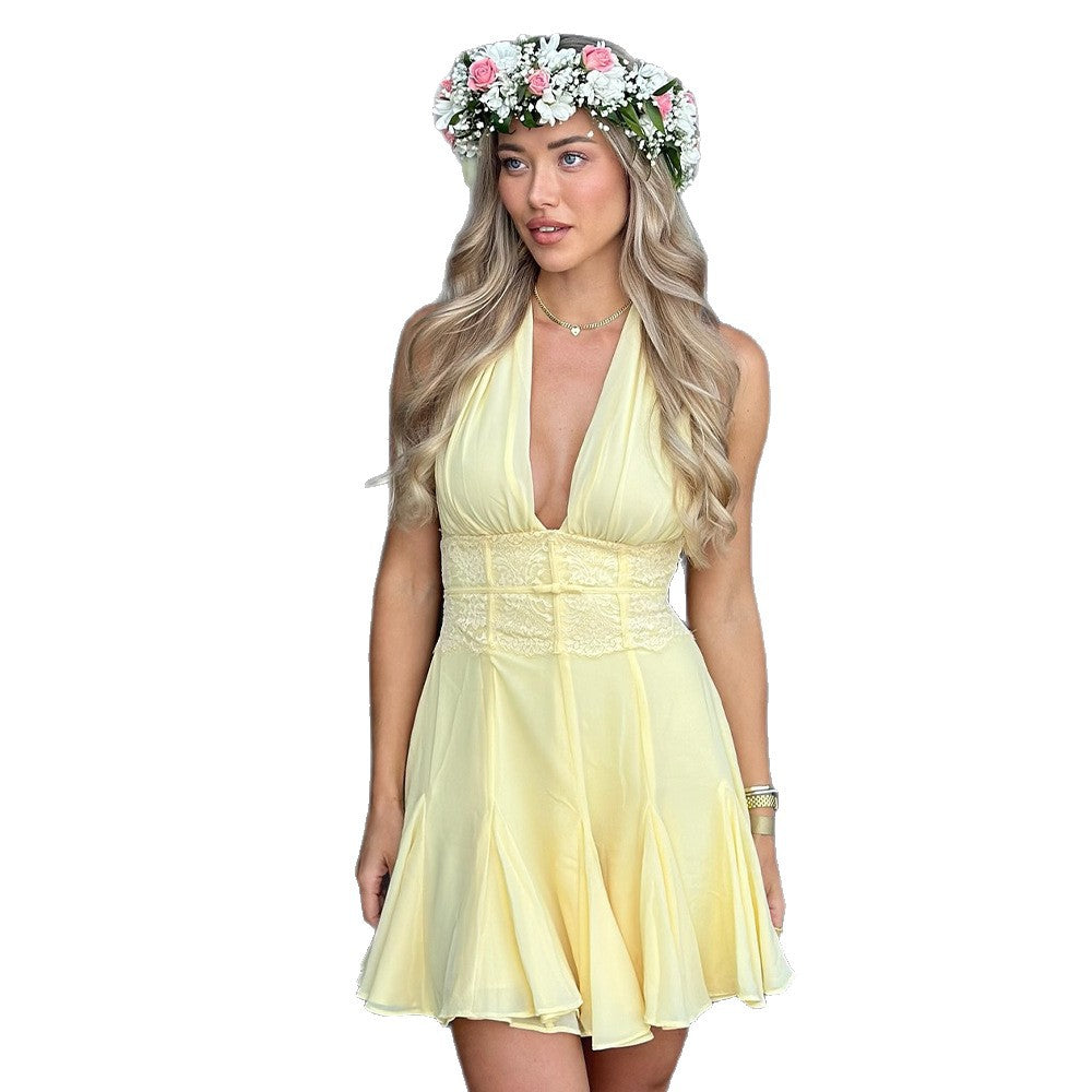 Damen luftiges Halterneck-Kleid mit verführerischer Raffung R&B