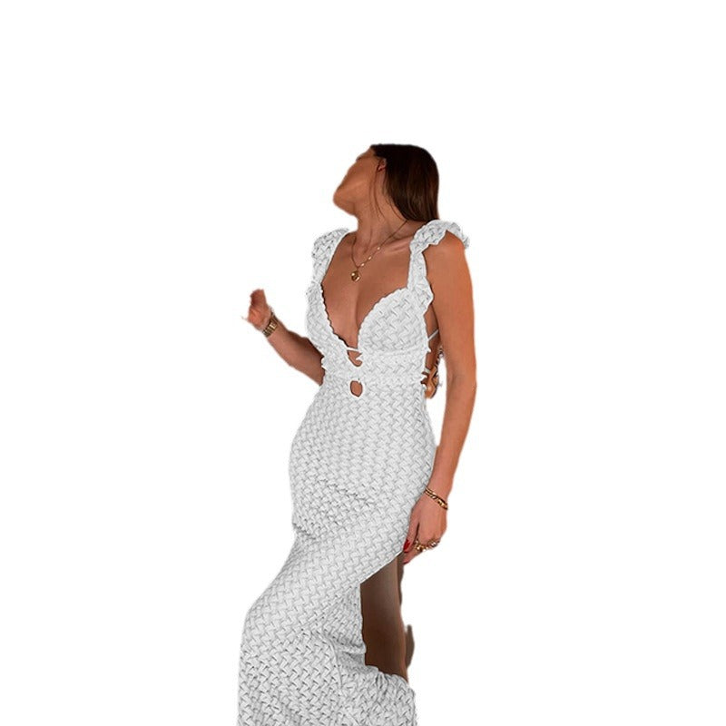 Damen Elegantes Maxikleid mit tiefem V-Ausschnitt und Rüschendetails R&B