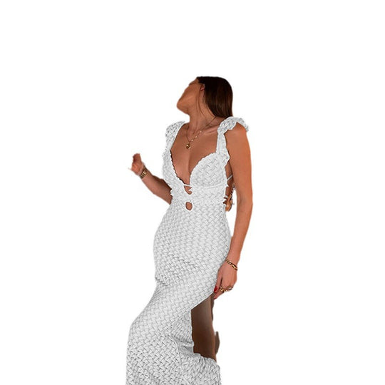 Damen Elegantes Maxikleid mit tiefem V-Ausschnitt und Rüschendetails R&B